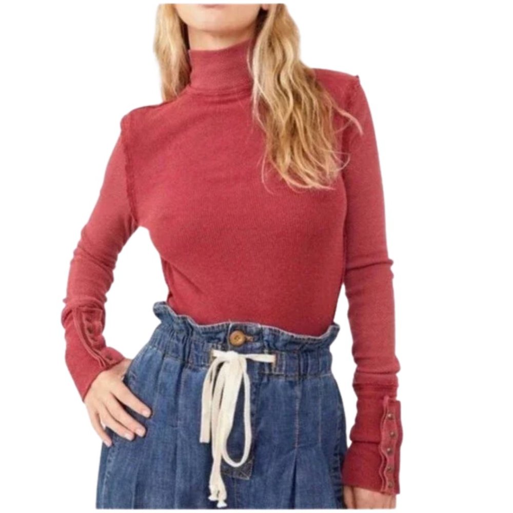 NEW Free People Jojo Mock Neck Long Sleeve Top Off Beat Wine Red Womens Size M